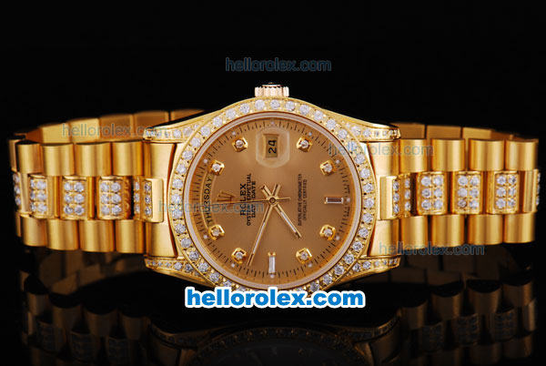 Rolex Day-Date Oyster Perpetual Automatic Full Gold with Diamond Bezel-Diamond Marking and Dark Brown Dial - Click Image to Close